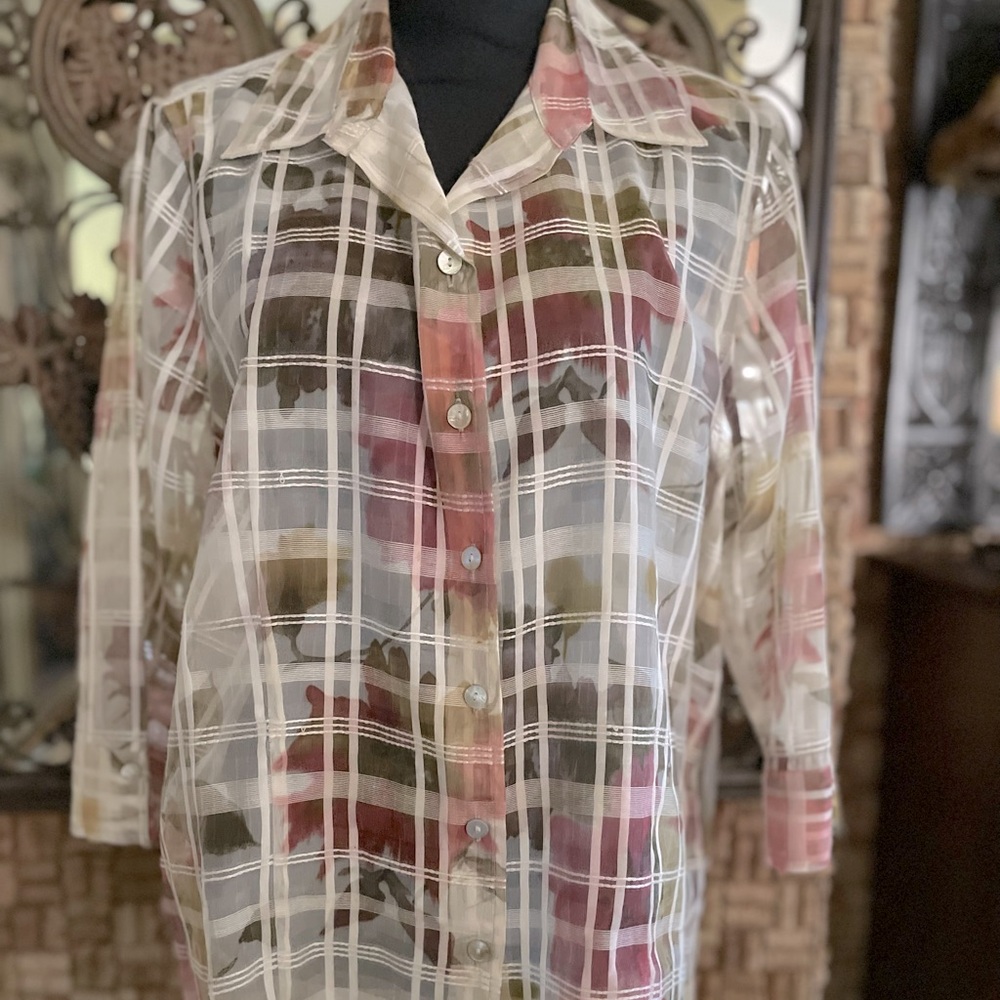 NWOT TanJay Burnout “Plaid” Mostly Sheer Tunic Blouse - Pinks, Creams, Olive 1X
